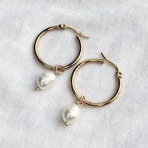 Pearl hoop earrings , pearl earrings, gold pearl earrings