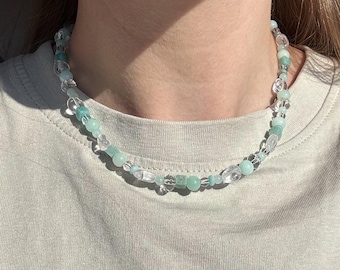 Blue aquamarine beaded necklace, boho chic necklace, layered necklace, summer vacation necklace