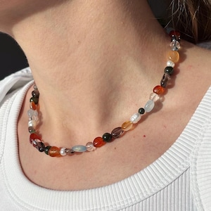 Edelsteenketting met kralen, herenkralenketting, sierlijke ketting, agaatketting, jadeketting