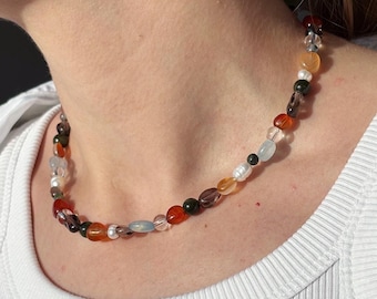 Beaded gemstone necklace, mens beaded necklace, dainty necklace, agate necklace, jade necklace