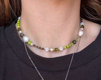 Beaded necklaces, beaded choker, beads necklace, green necklace, jade necklace