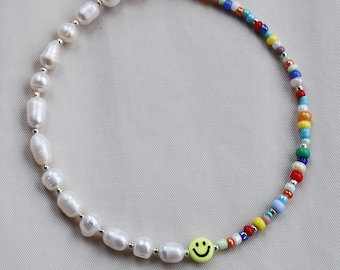 Smiley face necklace, beaded necklace, layering fun pearl necklace, christmas gift