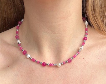 Beaded necklace, pink necklace, jade necklace, delicate necklace, pearl bead necklace