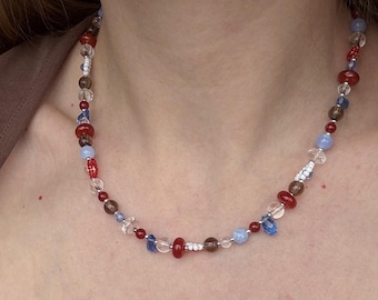 Seed bead necklace with flowers, layered beaded necklace, summer beaded necklace, blue red necklace