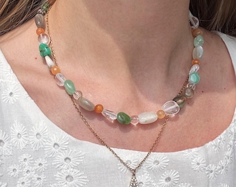 Beaded gemstone necklace, layered necklace, summer necklace, orange green necklace