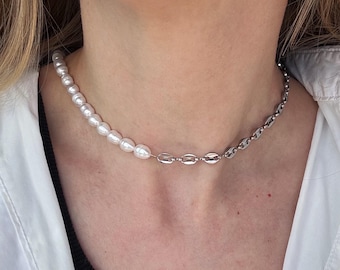 Half pearl half chain necklace, layering necklace, mens pearl necklace, coffee beans chain necklace
