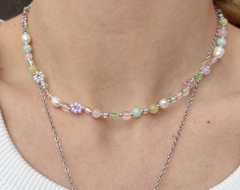 Flower beaded necklace, seed bead layered necklace, summer spring necklace