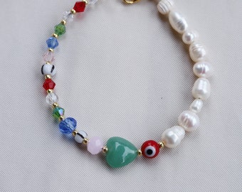 Pearl bracelet, beaded bracelets, seed bead bracelet, evil eye bracelet