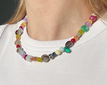 Beaded gemstone necklace, chunky necklace, agate jade necklace, summer layered necklace