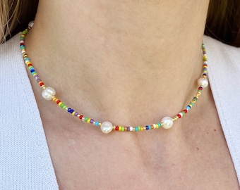 Beads necklace, 90s necklace, real pearl necklace, beaded necklaces, colorful necklace