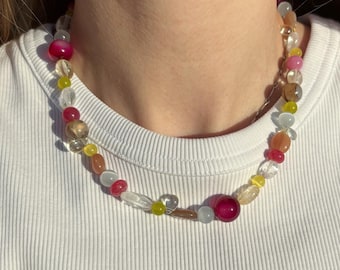 Beaded gemstone necklace, bold chunky necklace, agate jade necklace, summer layered necklace