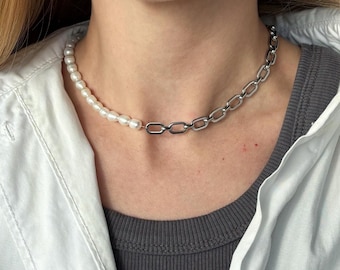 Half pearl half chain necklace, layering necklace, mens pearl necklace, christmas gift