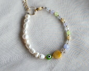 Pearl bracelet, beaded bracelets, seed bead bracelet, evil eye bracelet