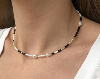 Black and white beaded necklace with freshwater pearls