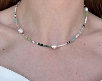 Green real pearl necklace beaded necklace rainbow necklace choker necklace beaded jewelry