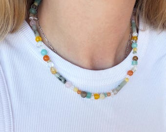 Beaded gemstone necklace, layered natural colors necklace, agate necklace, jade necklace