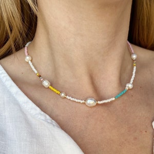 Summer beaded necklace, handmade layered necklace , white seed bead necklacec boho chic