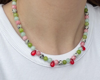 Beaded gemstone necklace, chunky layered  choker, amazonite jade jasper necklace