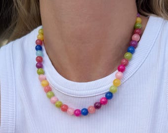 Natural stone necklace, beaded gemstone necklace, christmas layered necklace, fun colurful necklace