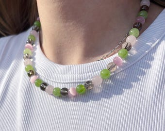 Beaded gemstone necklace, chunky necklace, quartz jade summer layered necklace