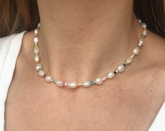 Real pearl necklace, colorful necklace, beaded necklace , pearl choker