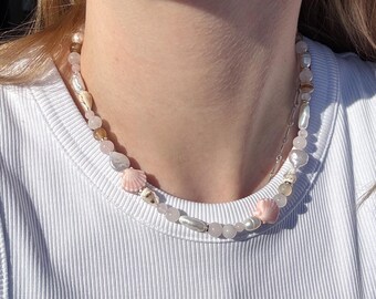 Seashell beaded necklace, boho chic necklace, layered necklace, summer vacation necklace