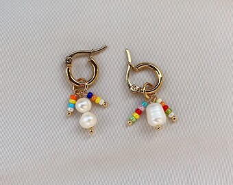 Mismatched earrings, pearl hoop earrings, small hoop earrings, pearl bead earrings