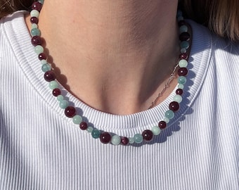 Beaded gemstone necklace, chunky necklace, aquamarine garnet summer layered necklace