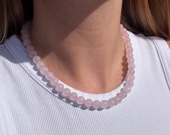 Rose quartz beaded necklace, chunky gemstone necklace, christmas gift, birthstone necklace