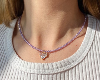 Purple necklace, beaded necklace, dainty necklace, crystal necklace, heart necklace