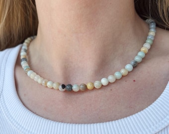 Gemstone beaded amazonite necklace, boho chic mens simple layered necklace