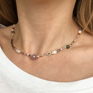 Lavender beaded flower necklace , rainbow beaded necklace , seed bead necklace , rainbow adult beaded choker , christmas jewelry gift image 1
