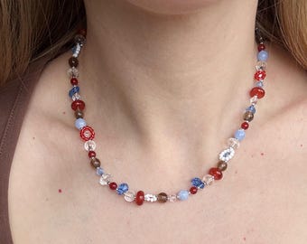 Flowers seed bead necklace , layered beaded necklace, blue red necklace, christmas gift
