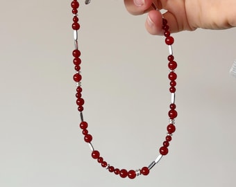Beaded gemstone necklace, red carnelian necklace, summer layered necklace