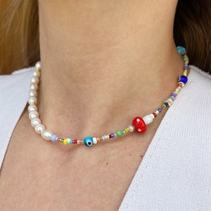 Mushroom necklace, evil eye necklace, y2k necklace, pearl necklace image 1
