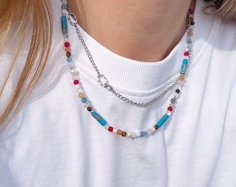 Long chain beaded necklace, beaded gemstone necklace, christmas layered necklace