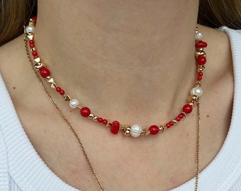 Beaded necklace, unique necklace, coral necklace, red necklace, summer necklace