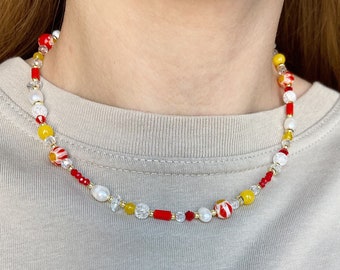 Red necklace, beaded necklace, colorful necklace, summer necklace, y2k necklace