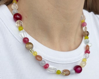Beaded gemstone necklace, bold chunky necklace, agate jade necklace, summer layered necklace