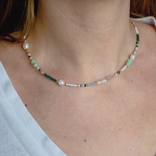 Green real pearl necklace beaded necklace rainbow necklace choker necklace beaded jewelry