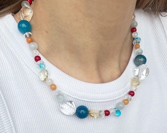 Beaded gemstone necklace, chunky necklace, agate necklace, summer layered necklace
