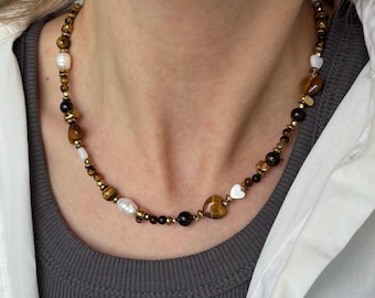Beaded tiger eye necklace, layering beaded brown necklace, christmas gift, gift for mom