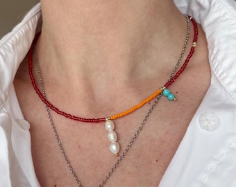 Red beaded necklace, seed bead pendant necklace, boho chic layered necklace