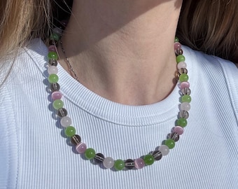 Beaded gemstone necklace, chunky necklace, quartz jade summer layered necklace