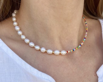 Half pearl necklace, real pearl necklace, seed bead necklace, dainty pearl necklace