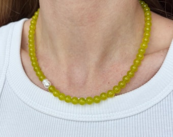 Lime green jade necklace, layered beaded necklace, gift for mom, summer necklace