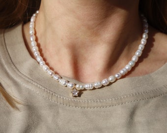 Star choker, pearl choker, pearl necklace, gemstone necklace, star necklace