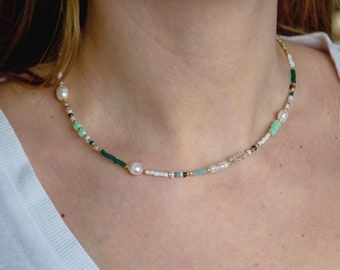 Green real pearl necklace beaded necklace rainbow necklace choker necklace beaded jewelry