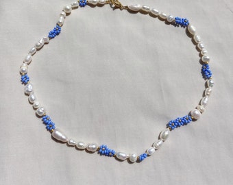 Flower necklaces, beaded necklace, pearl necklaces, real pearl necklace, blue necklace