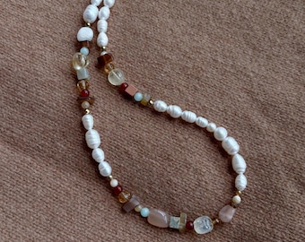 Vibrant Boho Gemstone Choker: Pearl beaded necklace, Citrine Carnelian Crystal Choker, Christmas gift